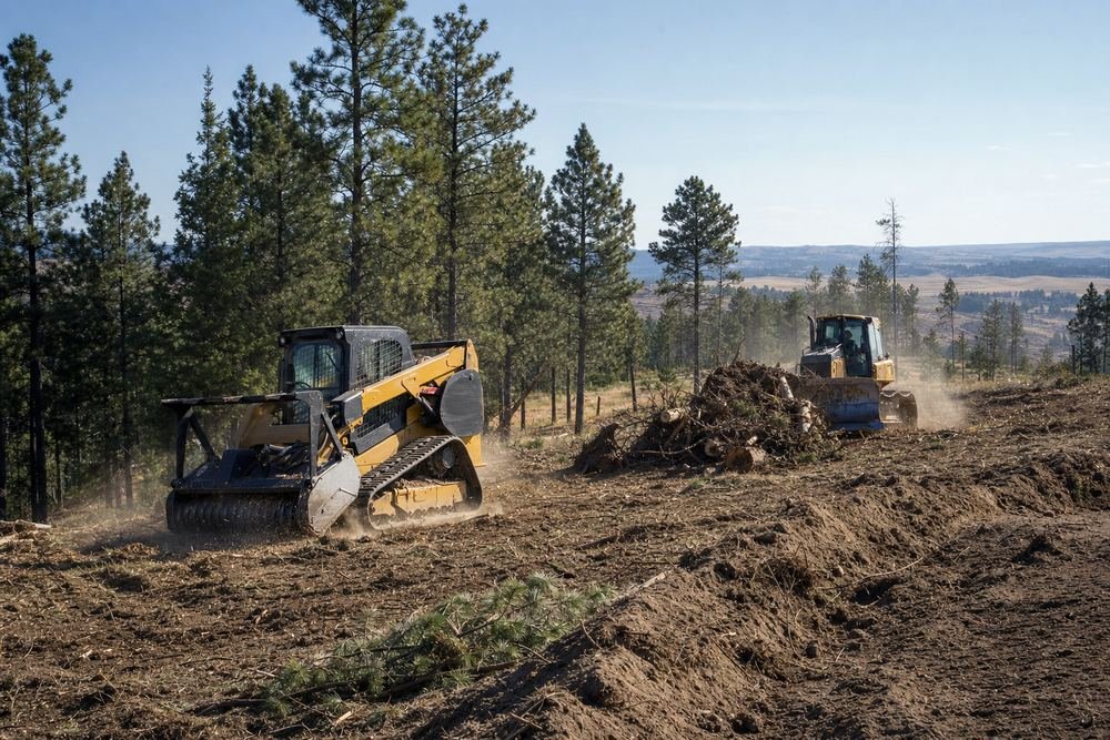 Clearing pine and stumps on a forested Black Hills lot near Custer