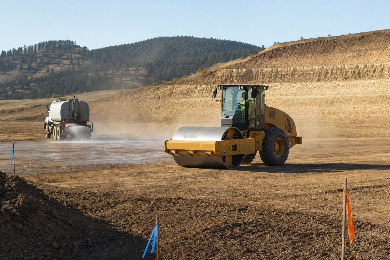 Vibratory roller compacting a lift of structural fill on a building pad with a water truck moisture-conditioning ahead of it