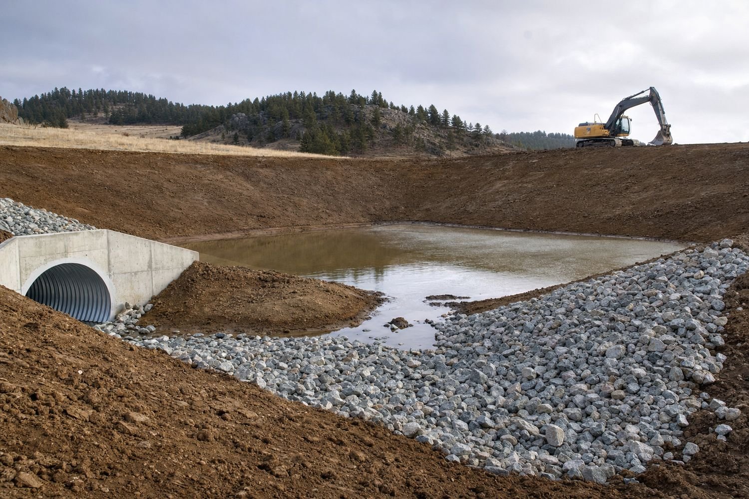 New stormwater detention pond with graded slopes, riprap outlet, and a culvert set in a concrete headwall