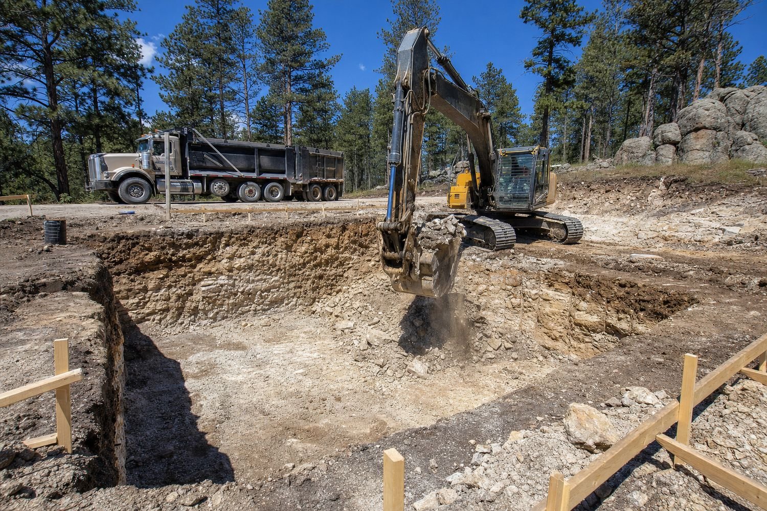 Excavator digging a rock foundation excavation on a timbered Black Hills building site