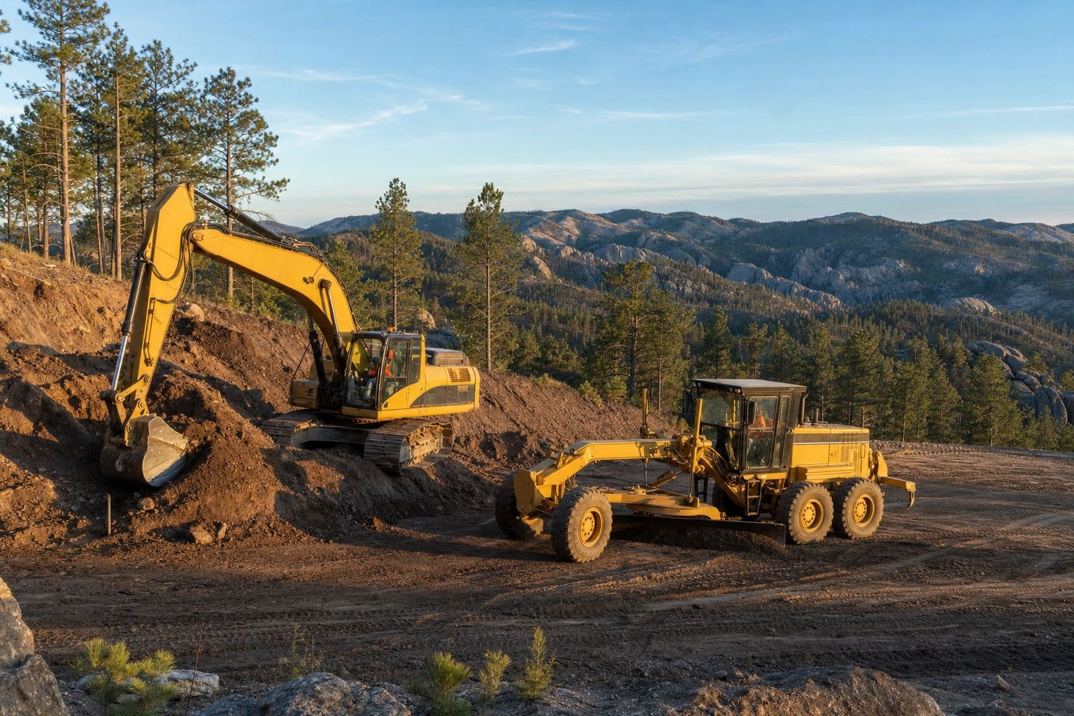 Grading equipment shaping a building pad above Rapid City with Black Hills ridgelines behind