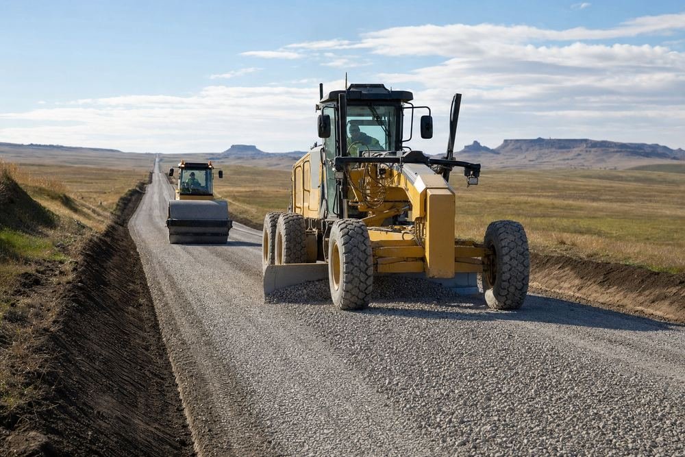 Motor grader and roller building a compacted gravel road